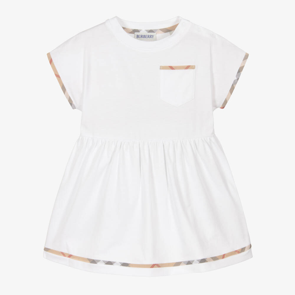 Burberry-Baby Girls White Cotton Jersey Dress with Check Trims | Childrensalon Outlet