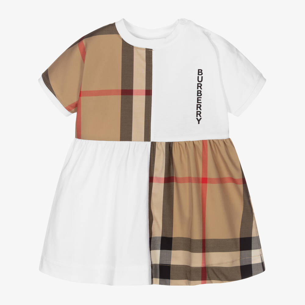 Burberry-Baby White & Beige Check Dress | Childrensalon Outlet