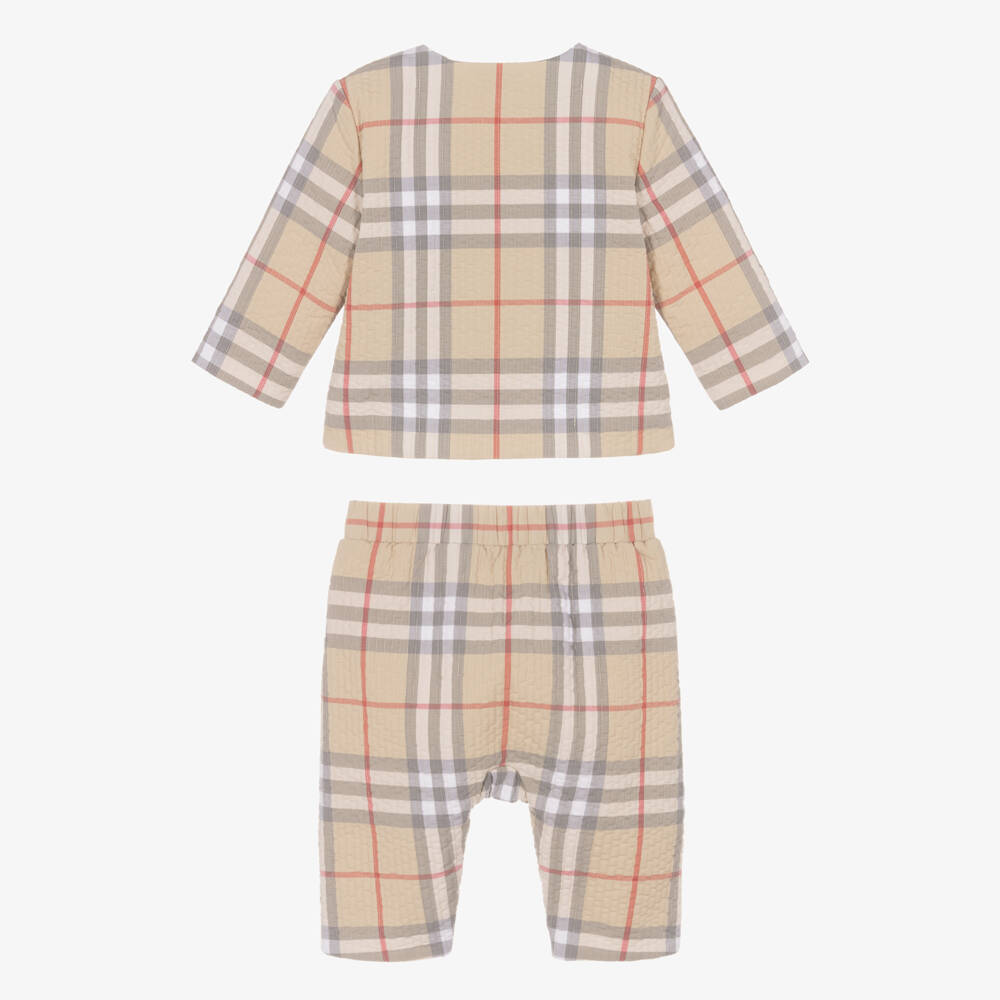 Burberry-Beige Check Cotton Quilted Trouser Set | Childrensalon Outlet