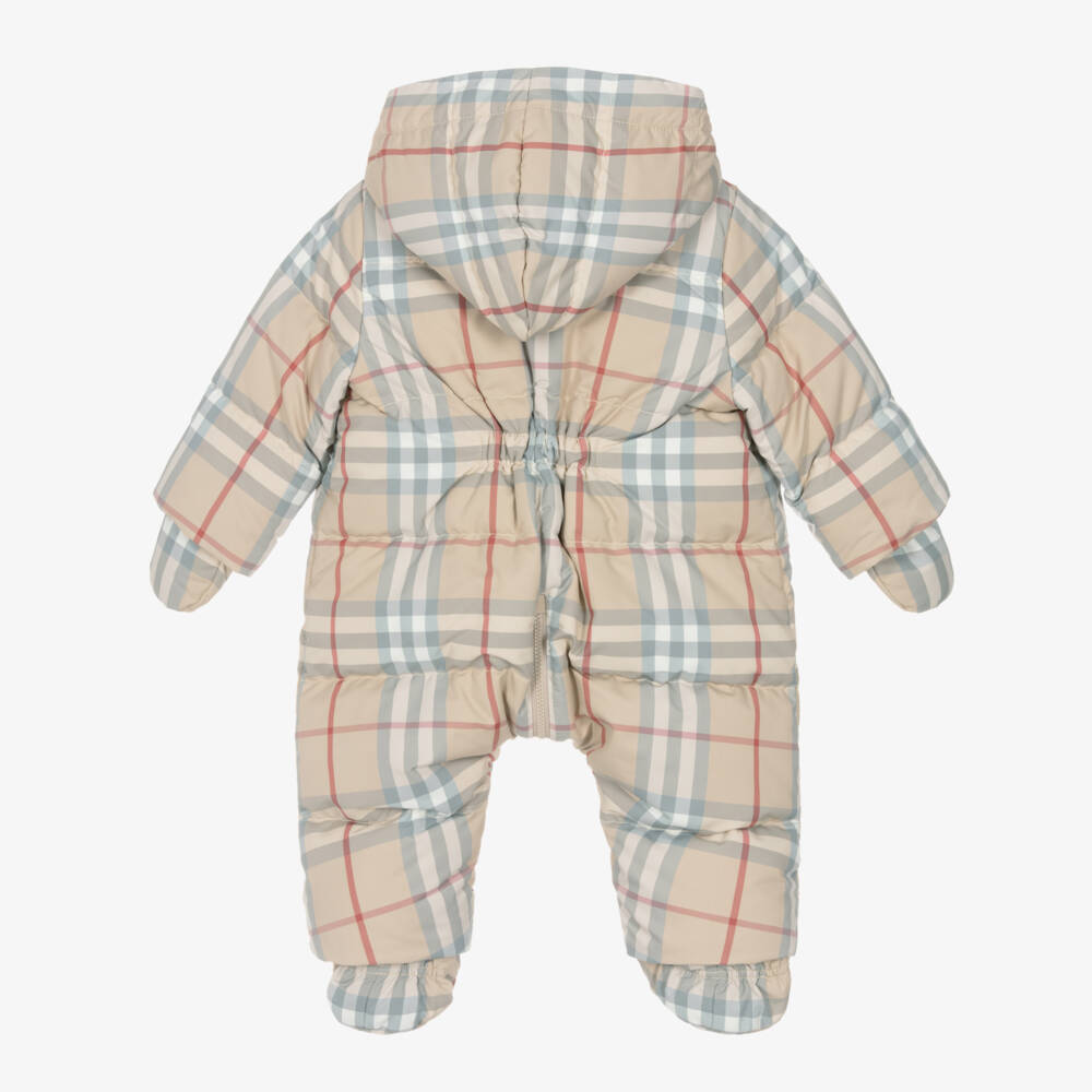 Burberry-Beige Check Down Padded Zip-Up Baby Snowsuit | Childrensalon Outlet