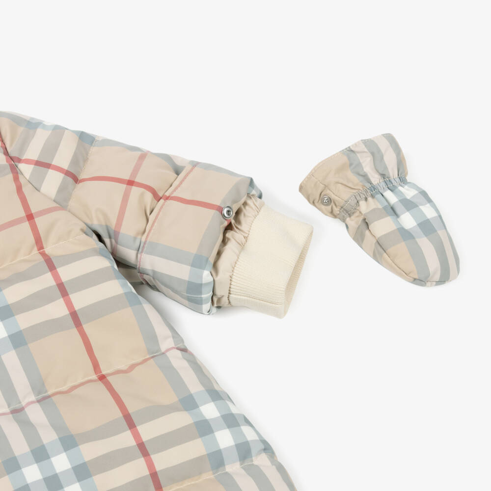 Burberry-Beige Check Down Padded Zip-Up Baby Snowsuit | Childrensalon Outlet