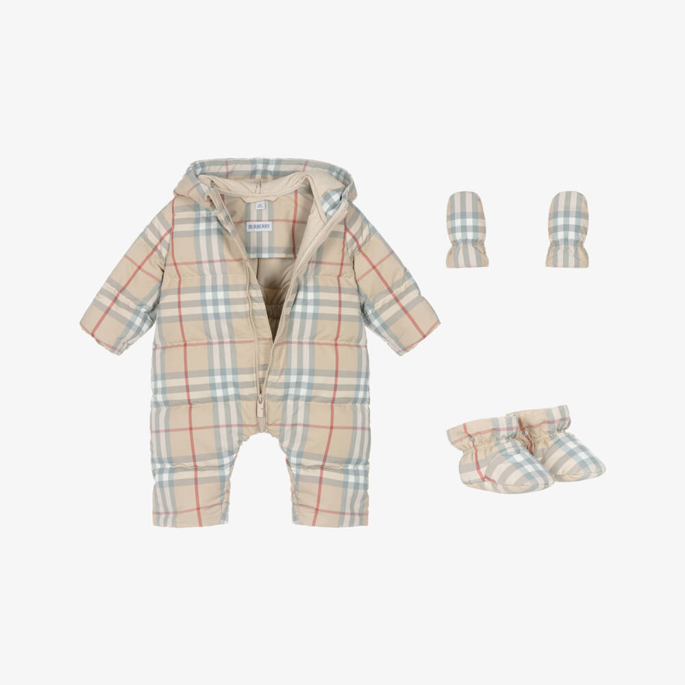 Burberry-Beige Check Down Padded Zip-Up Baby Snowsuit | Childrensalon Outlet