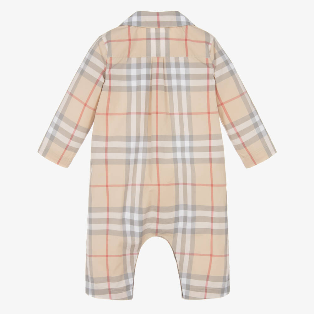 Burberry-Beige Check Long Sleeved Cotton Romper | Childrensalon Outlet