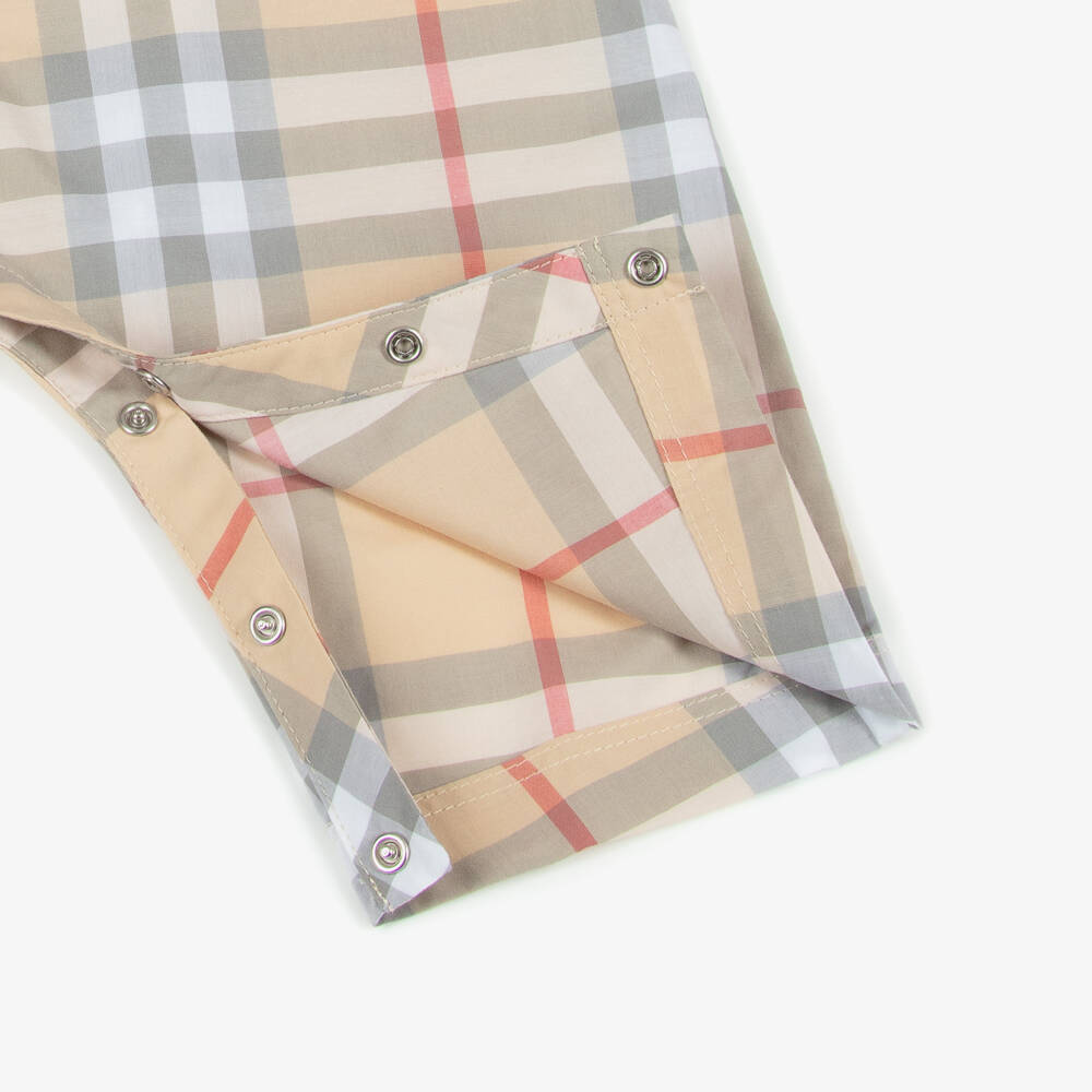 Burberry-Beige Check Long Sleeved Cotton Romper | Childrensalon Outlet