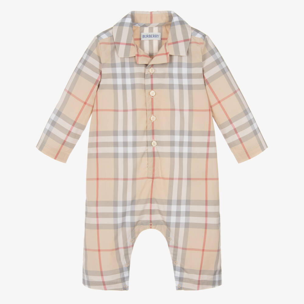 Burberry-Beige Check Long Sleeved Cotton Romper | Childrensalon Outlet