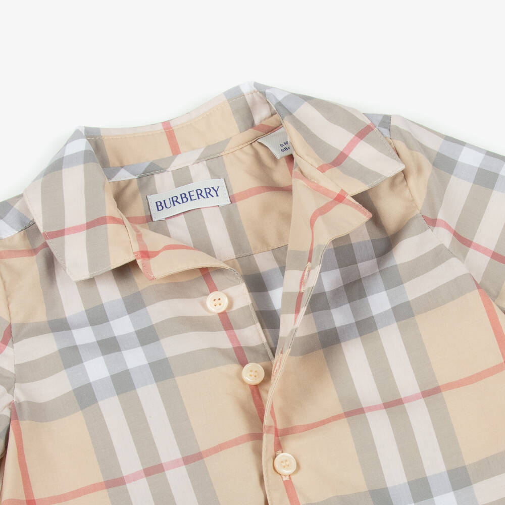 Burberry-Beige Check Long Sleeved Cotton Romper | Childrensalon Outlet