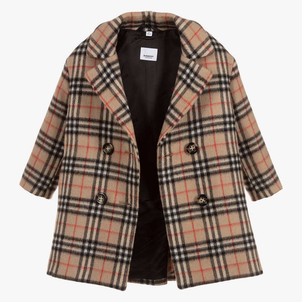 Burberry-Beige Check Wool Pea Coat | Childrensalon Outlet