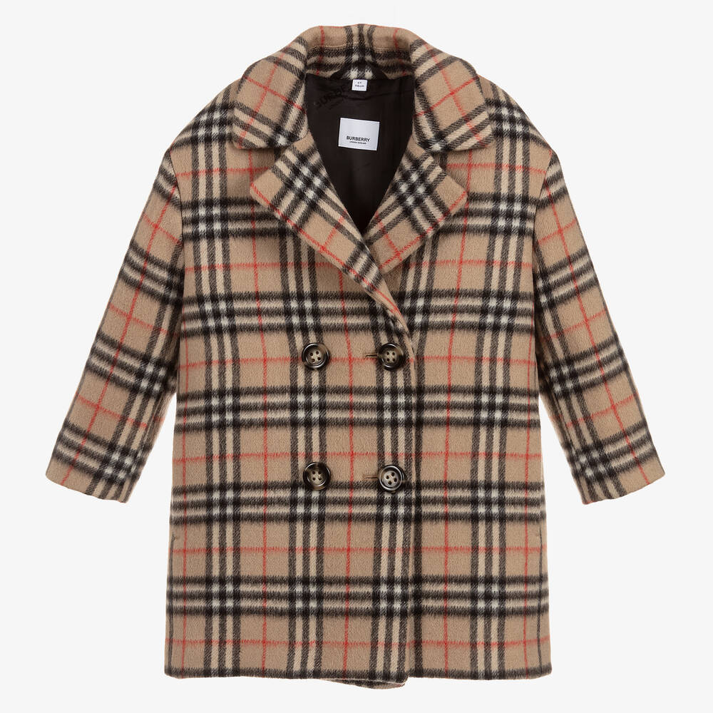 Burberry - Beige Check Wool Pea Coat | Childrensalon