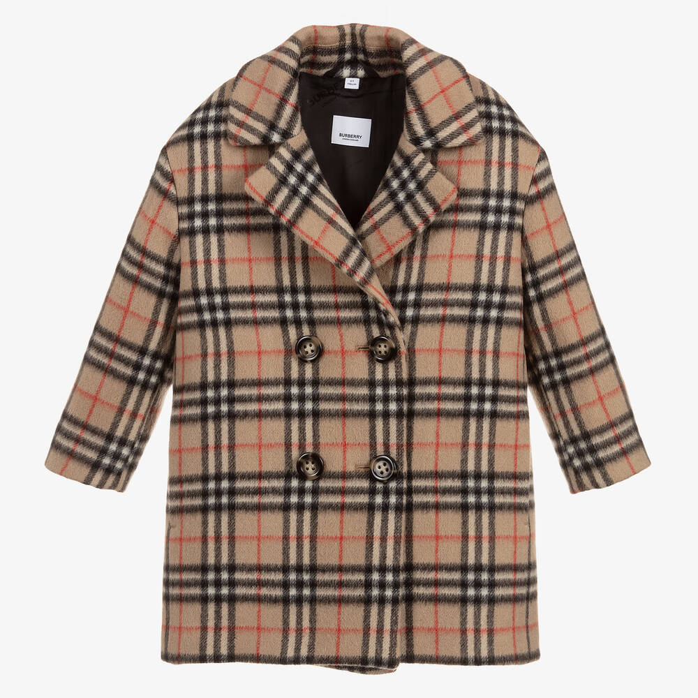 Burberry - Beigefarbener, karierter Caban-Mantel aus Wolle | Childrensalon