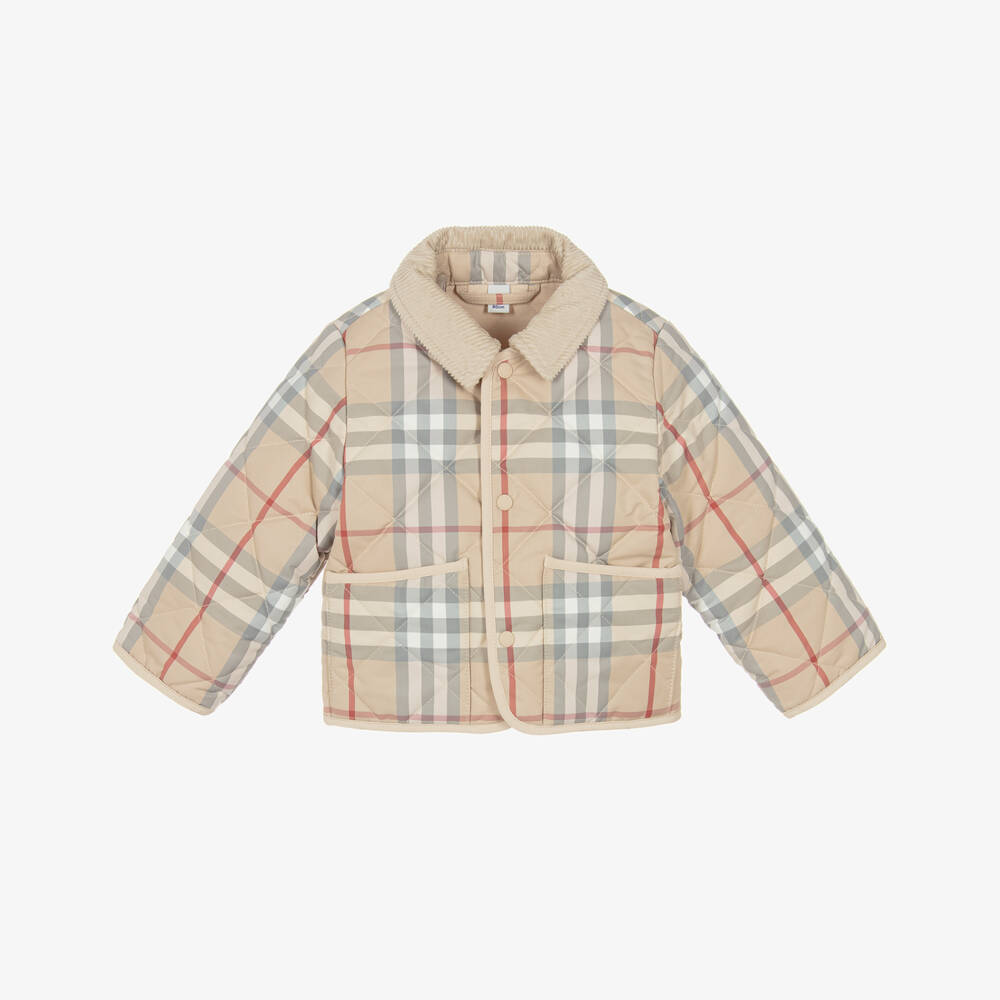 Burberry-Beige Checked Short Baby Jacket | Childrensalon Outlet