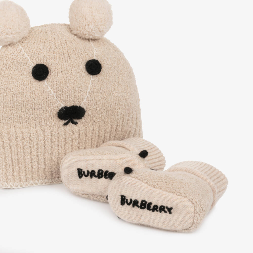 Burberry-Beige Cotton & Cashmere Knitted Teddy Hat & Booties Gift Set | Childrensalon Outlet
