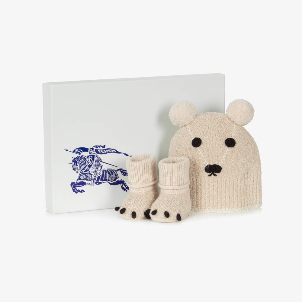 Burberry-Beige Cotton & Cashmere Knitted Teddy Hat & Booties Gift Set | Childrensalon Outlet