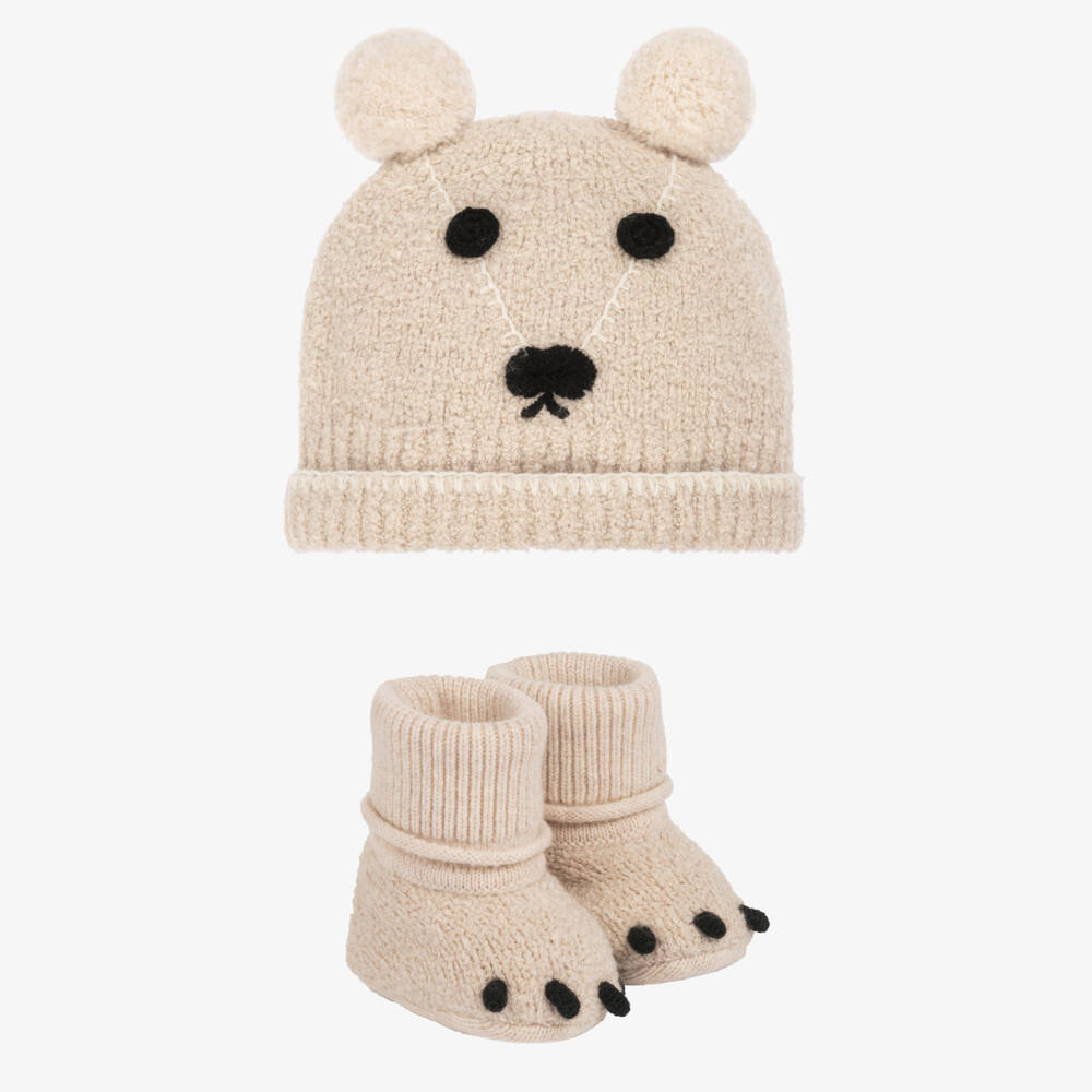 Burberry-Beige Cotton & Cashmere Knitted Teddy Hat & Booties Gift Set | Childrensalon Outlet
