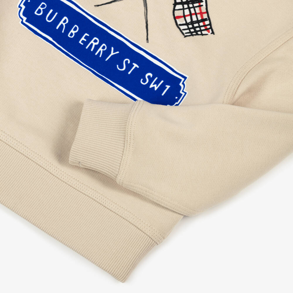 Burberry-Beige Cotton Sweatshirt with Embroidered Check Flag Logo | Childrensalon Outlet