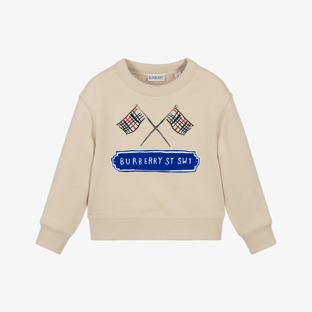 Burberry-Beige Cotton Sweatshirt with Embroidered Check Flag Logo | Childrensalon Outlet