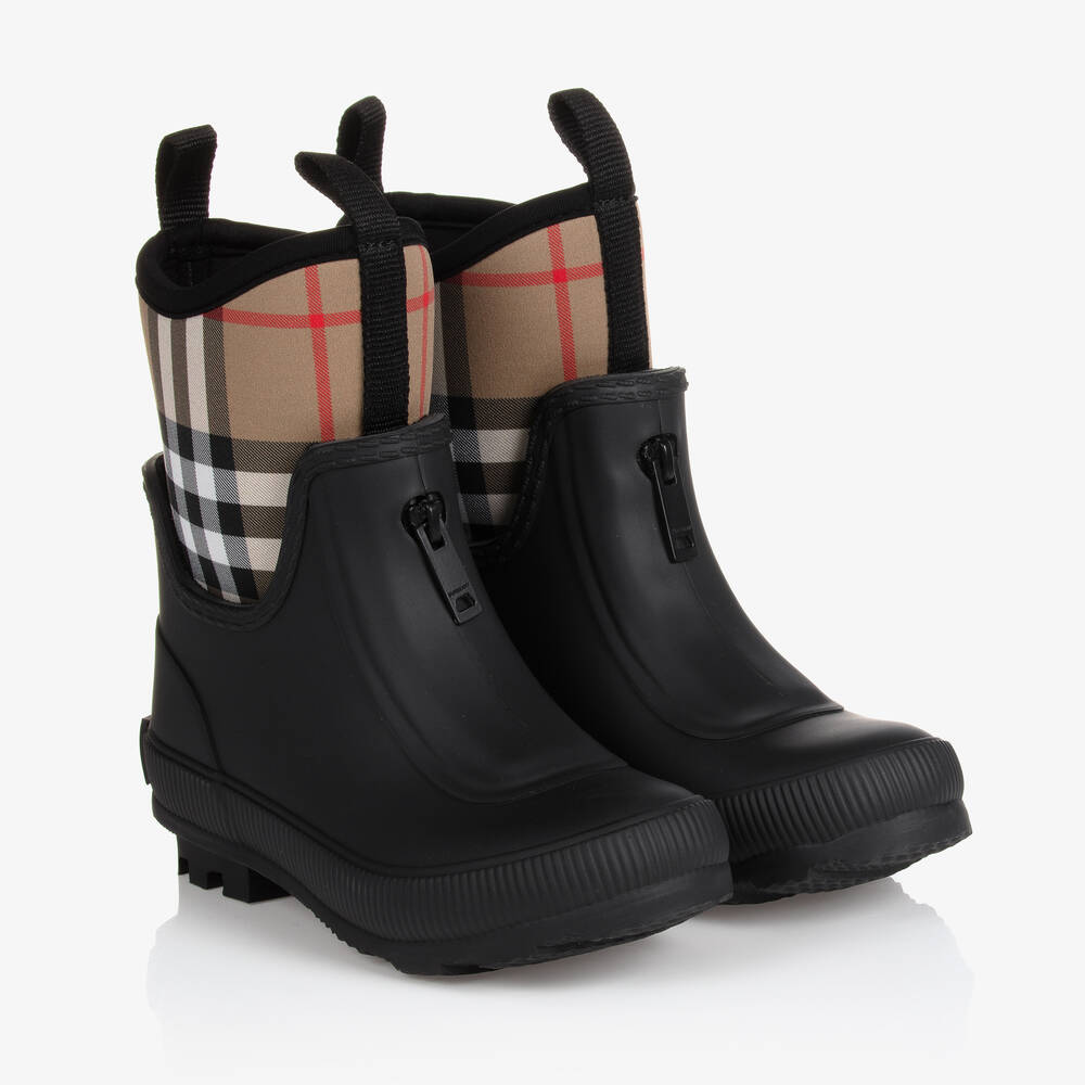 Burberry-Black & Beige Check Rain Boots | Childrensalon Outlet