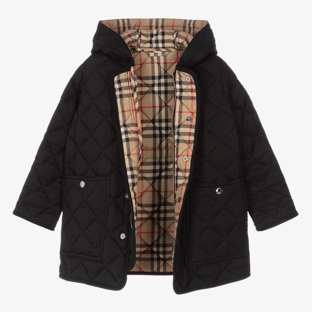 Burberry-Black Button Up Quilted Long Coat | Childrensalon Outlet