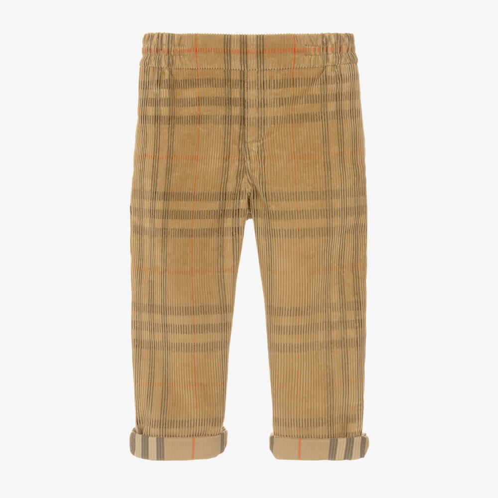 Burberry-Boys Beige Check Cotton Corduroy Trousers | Childrensalon Outlet