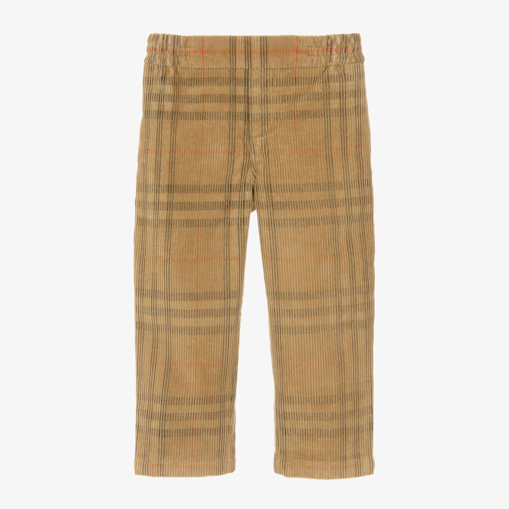 Burberry-Boys Beige Check Cotton Corduroy Trousers | Childrensalon Outlet