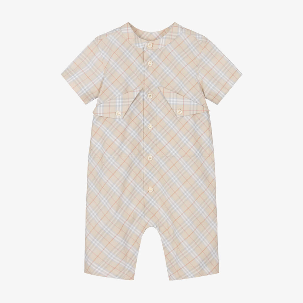 Burberry-Boys Beige Check Cotton Romper | Childrensalon Outlet
