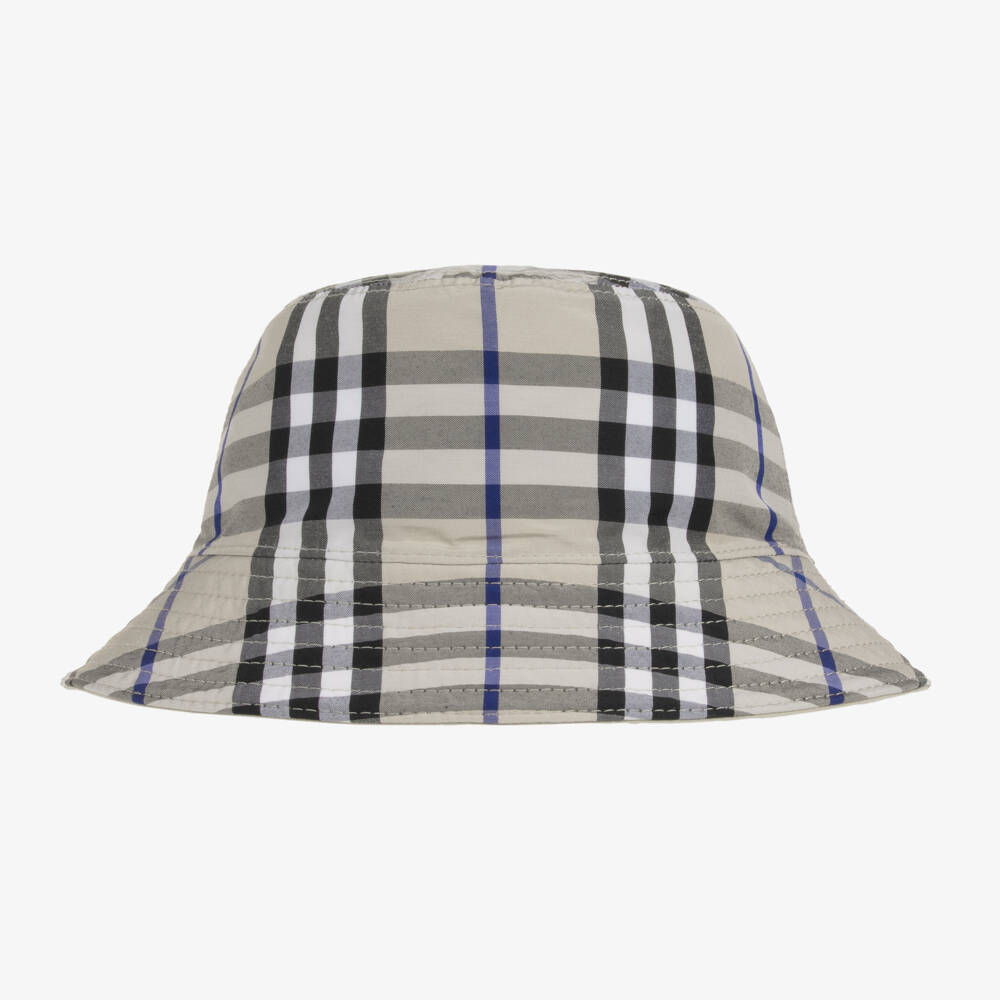 Burberry-قبعة باكيت بوجهين كاروهات لون بيج رمادي | Childrensalon Outlet