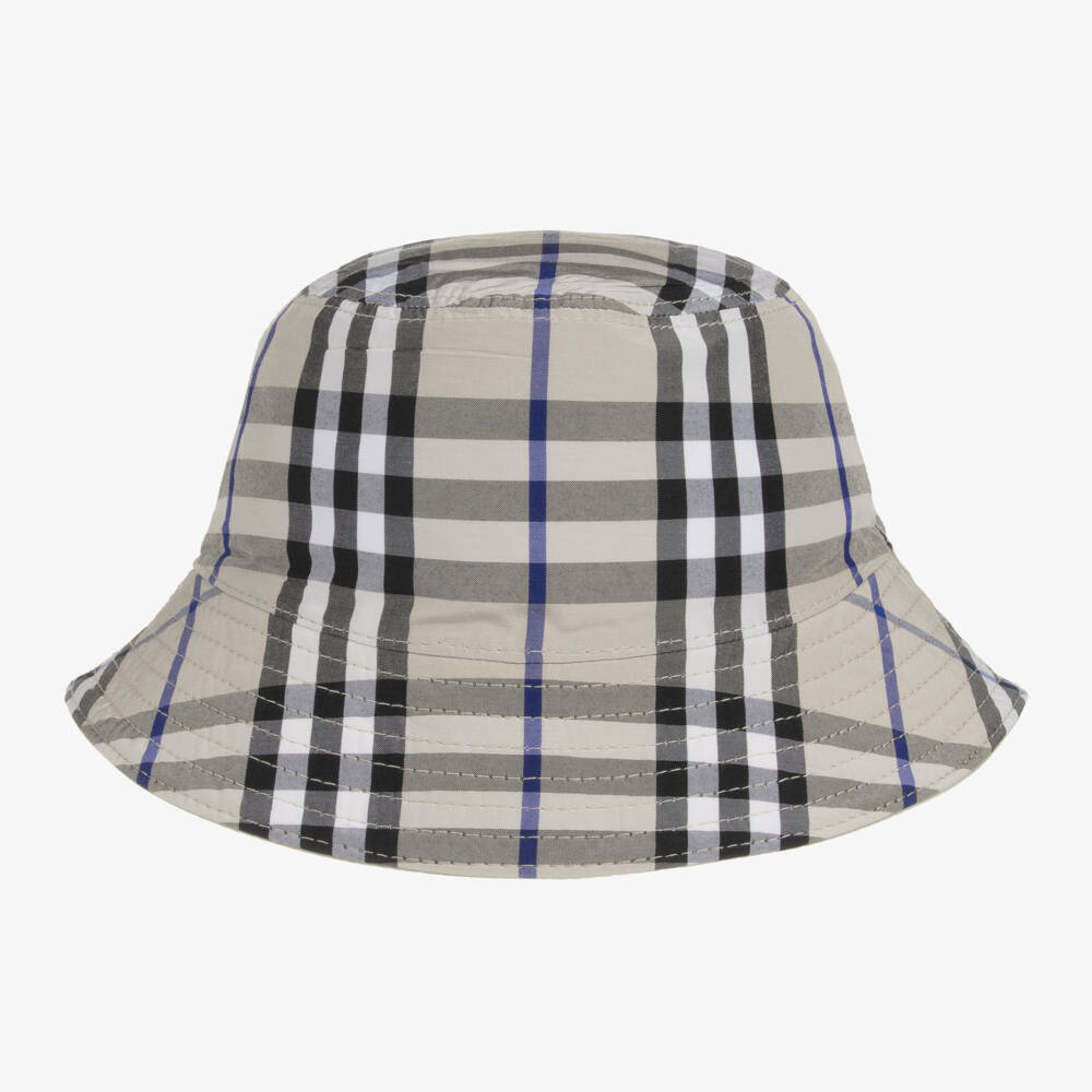 Burberry-قبعة باكيت بوجهين كاروهات لون بيج رمادي | Childrensalon Outlet