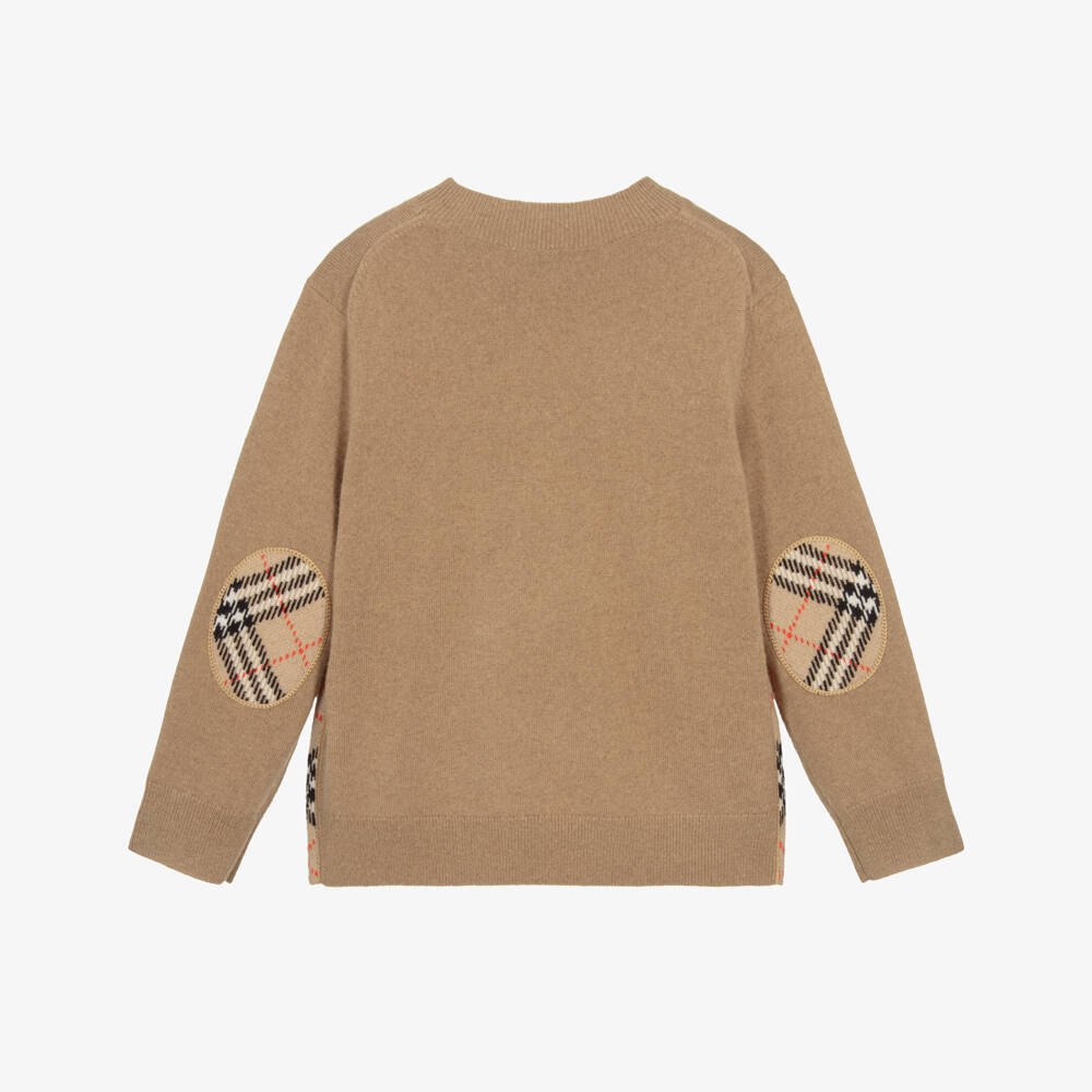 Burberry-Boys Beige Check Elbow Patch Wool Knit Jumper | Childrensalon Outlet