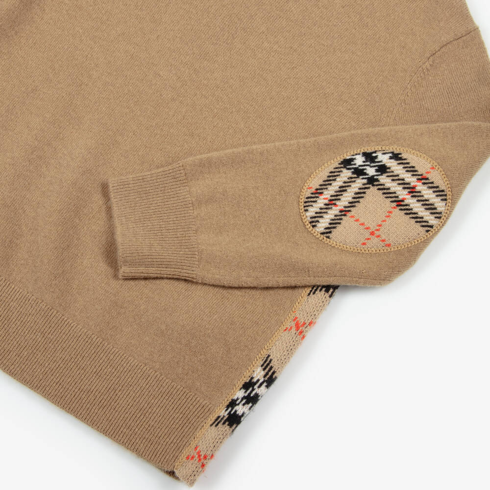 Burberry-Boys Beige Check Elbow Patch Wool Knit Jumper | Childrensalon Outlet