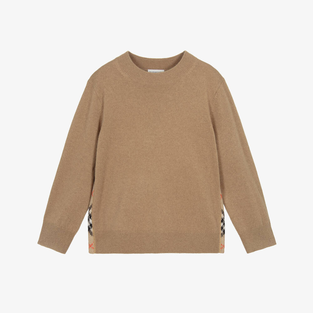 Burberry-Boys Beige Check Elbow Patch Wool Knit Jumper | Childrensalon Outlet