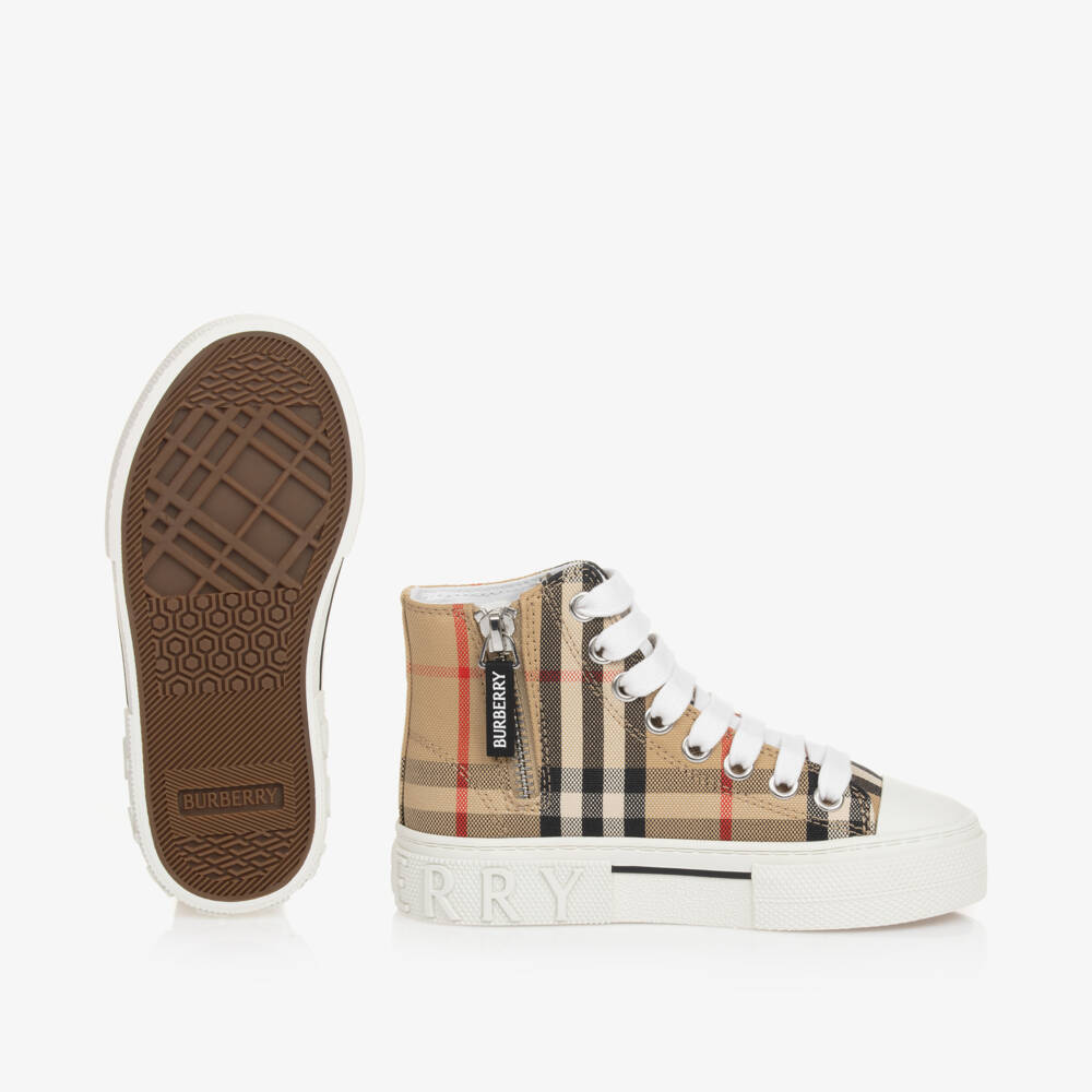 Burberry-Boys Beige Check High Trainers | Childrensalon Outlet