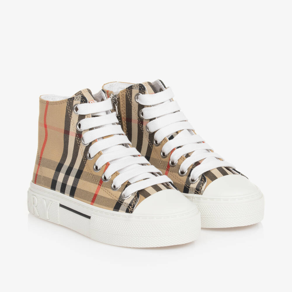 Burberry-Boys Beige Check High Trainers | Childrensalon Outlet