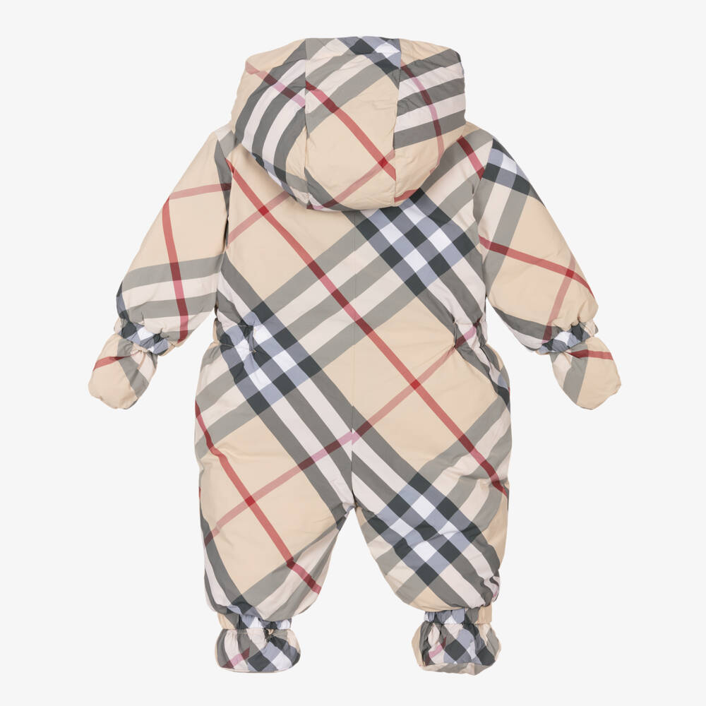 Burberry-Бежевый пуховый зимний комбинезон в клетку для малышей | Childrensalon Outlet