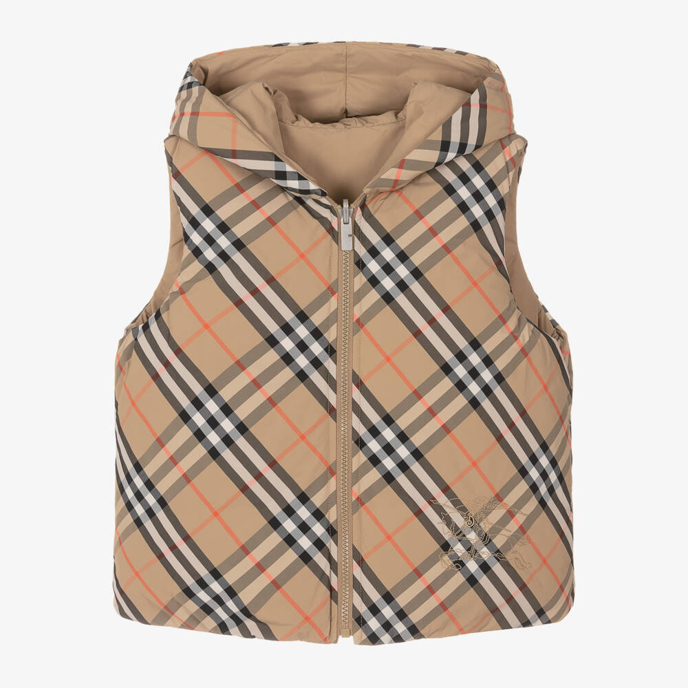 Burberry-Бежевый двусторонний жилет-пуховик в клетку | Childrensalon Outlet