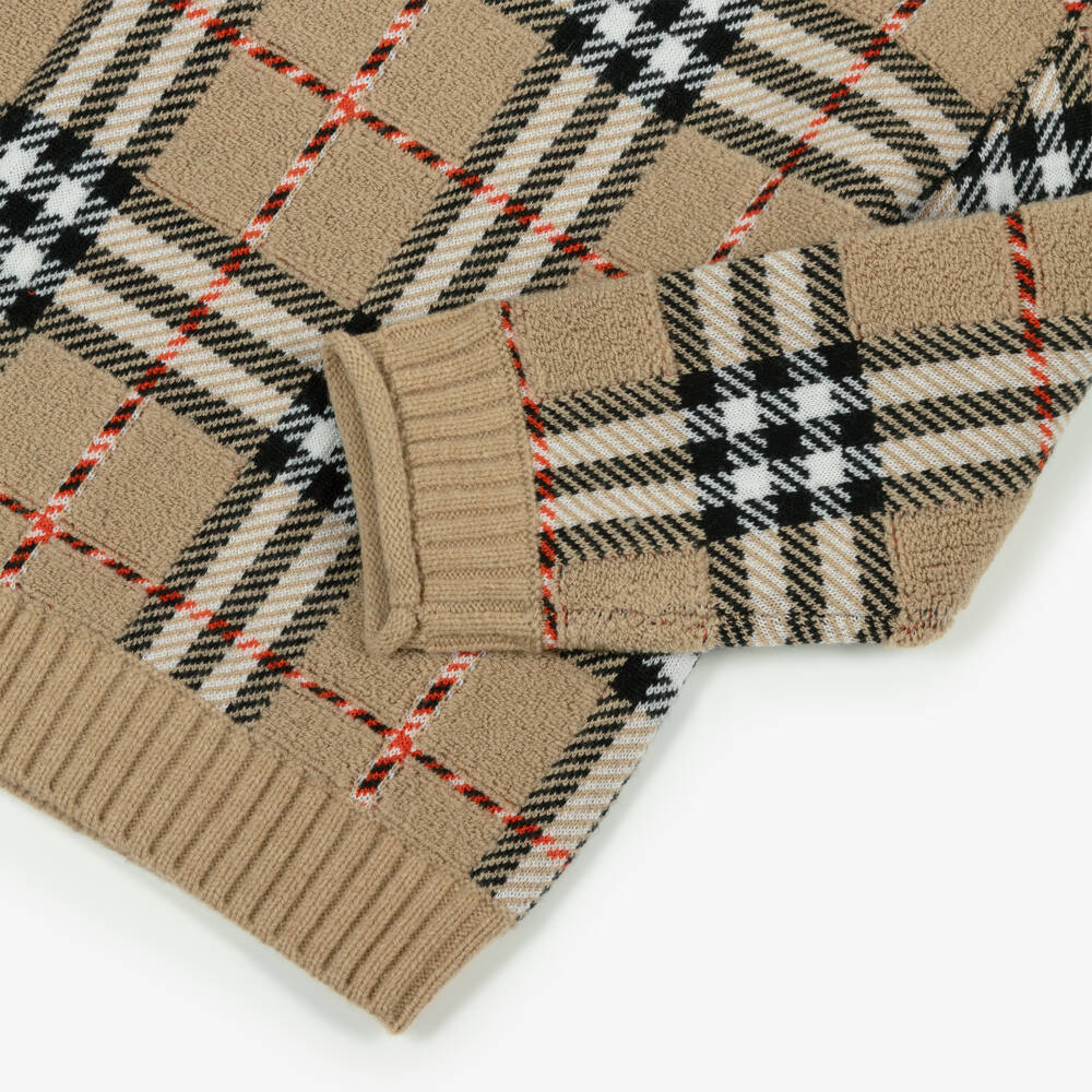 Burberry-Boys Beige Check Wool Sweater with Boat Neck | Childrensalon Outlet