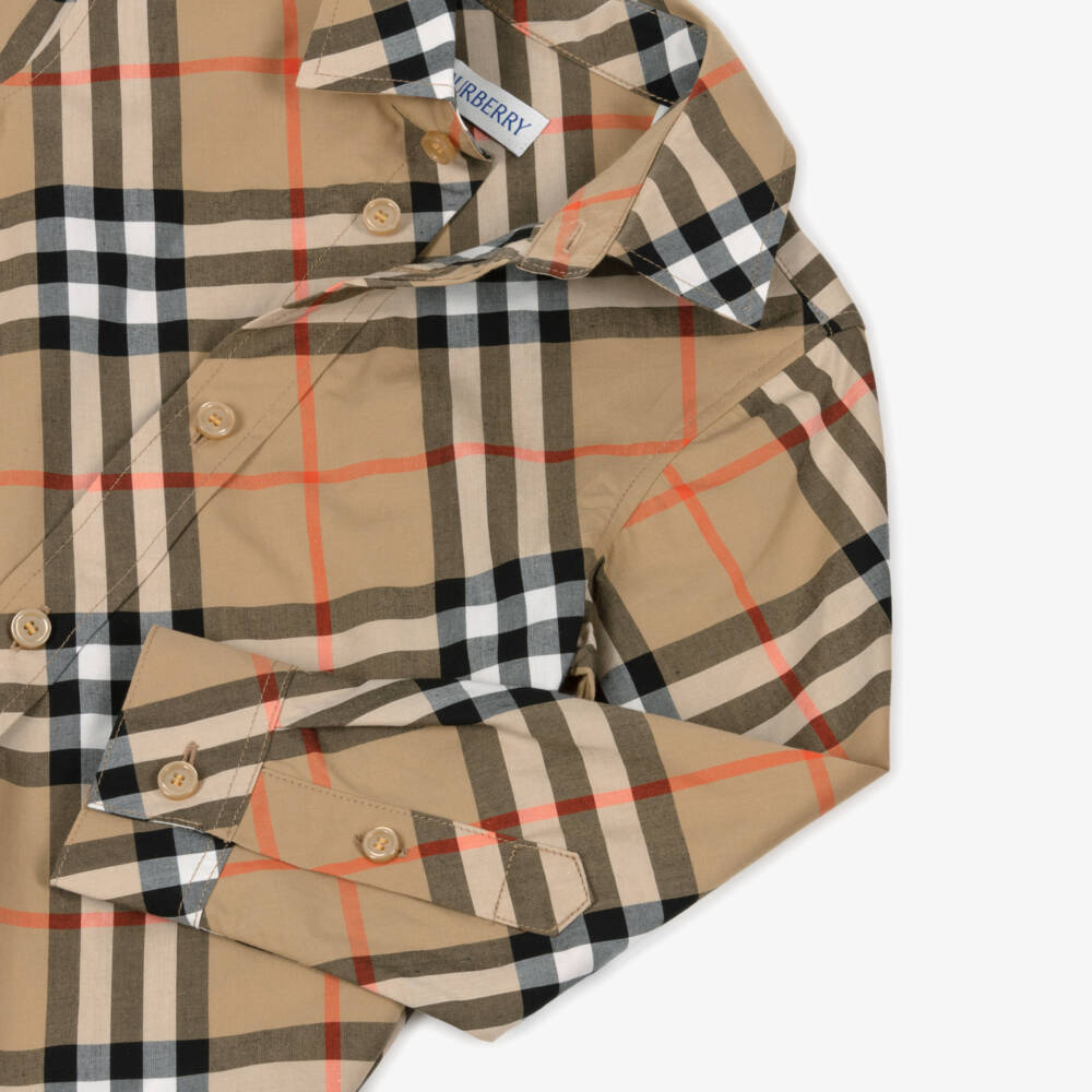 Burberry-Boys Beige Cotton Burberry Check Long-Sleeved Shirt | Childrensalon Outlet