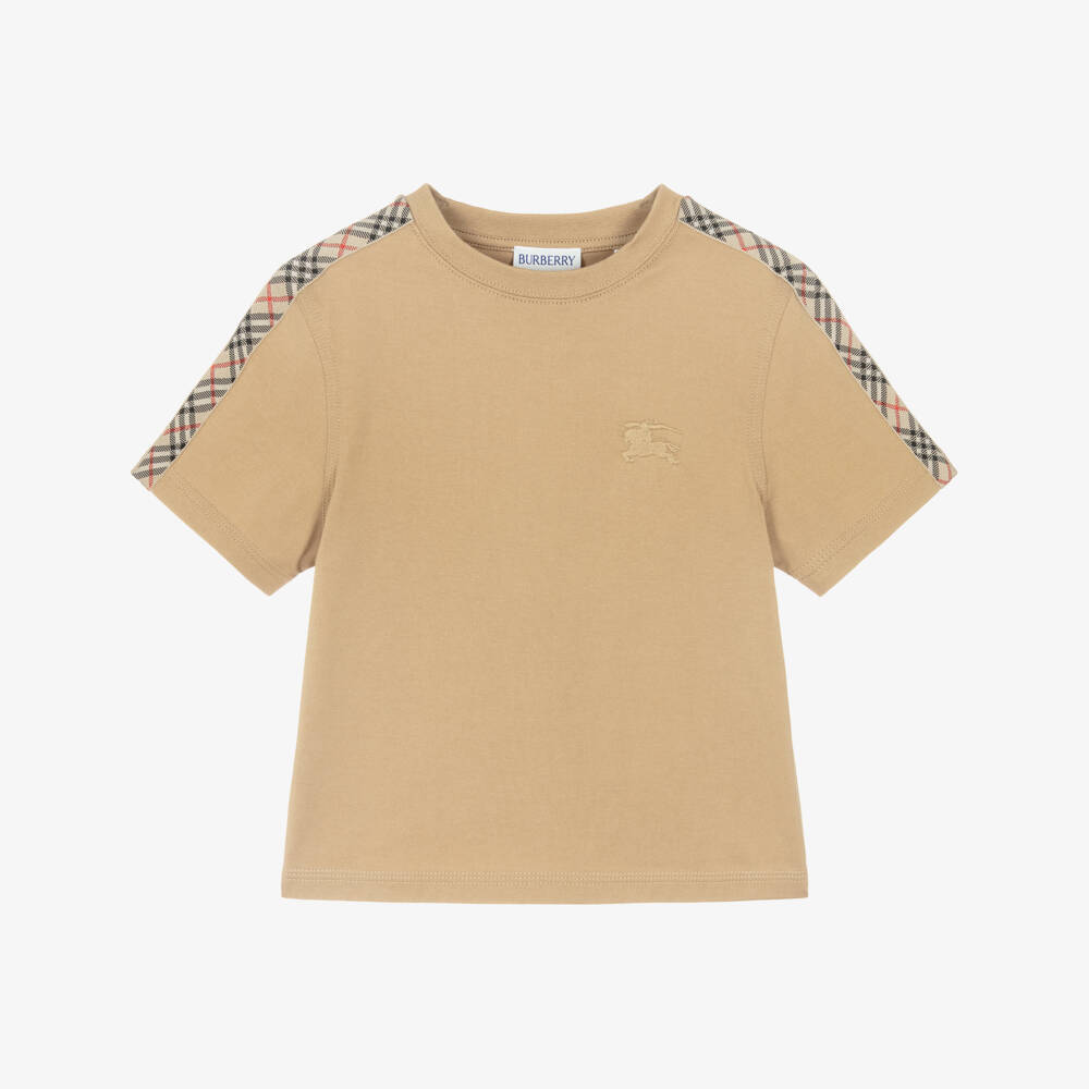 Burberry-Boys Beige Cotton T-Shirt with Check Trim & EKD Logo | Childrensalon Outlet
