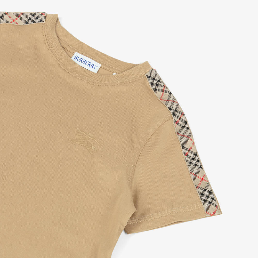 Burberry-Boys Beige Cotton T-Shirt with Check Trim & EKD Logo | Childrensalon Outlet