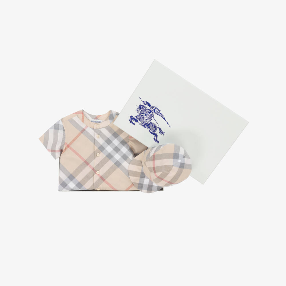 Burberry-Boys Beige Gingham Babysuit Ensemble | Childrensalon Outlet