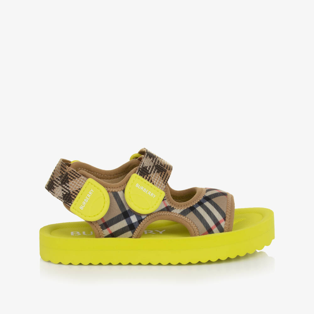 Burberry-Boys Beige & Lime Green Burberry Check Sandals | Childrensalon Outlet