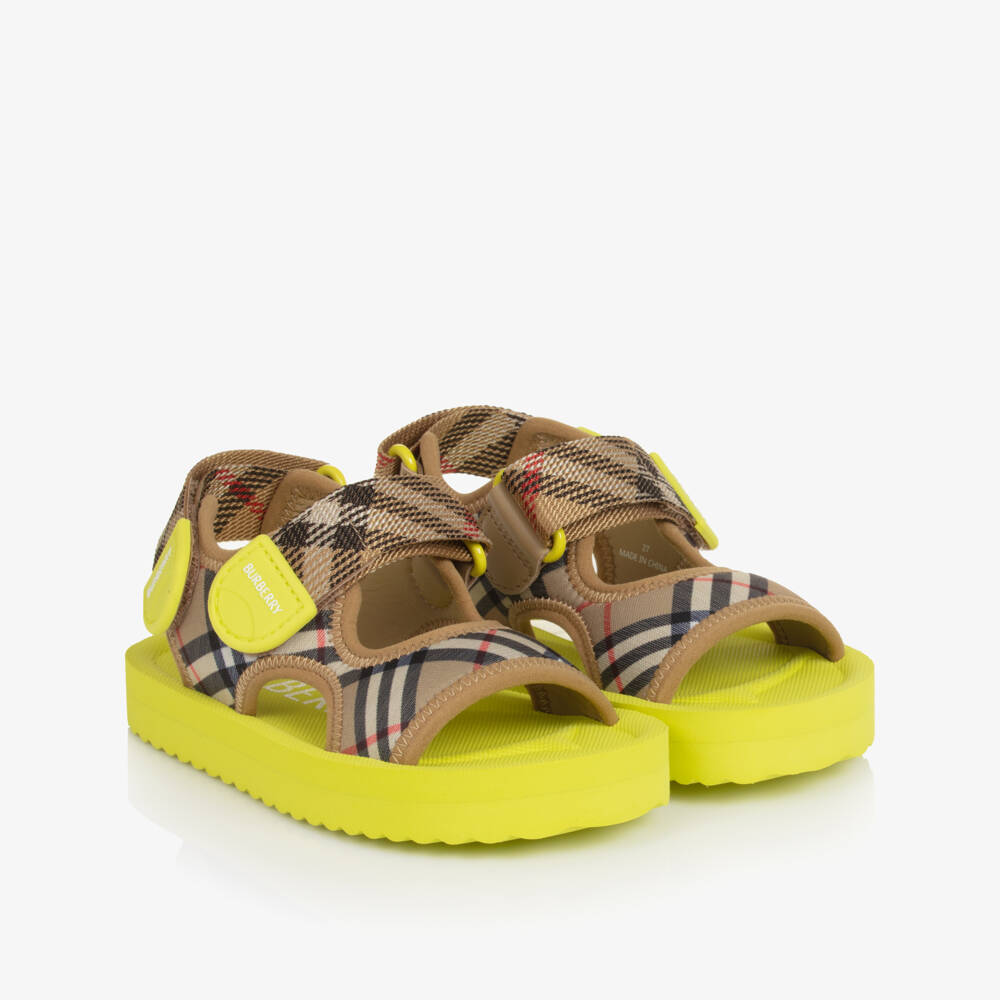 Burberry-Boys Beige & Lime Green Burberry Check Sandals | Childrensalon Outlet