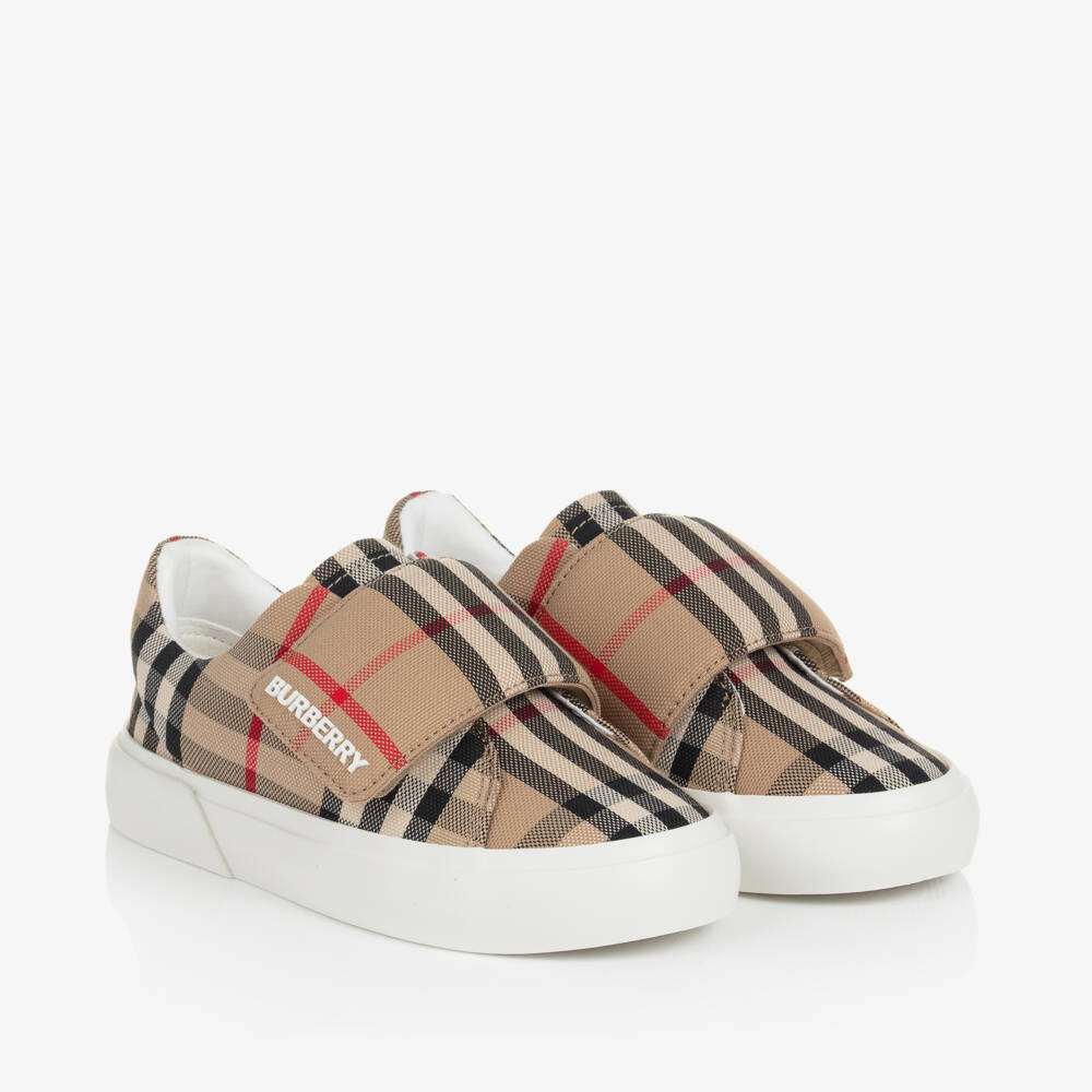 Burberry-Boys Beige Plaid Canvas Trainers | Childrensalon Outlet