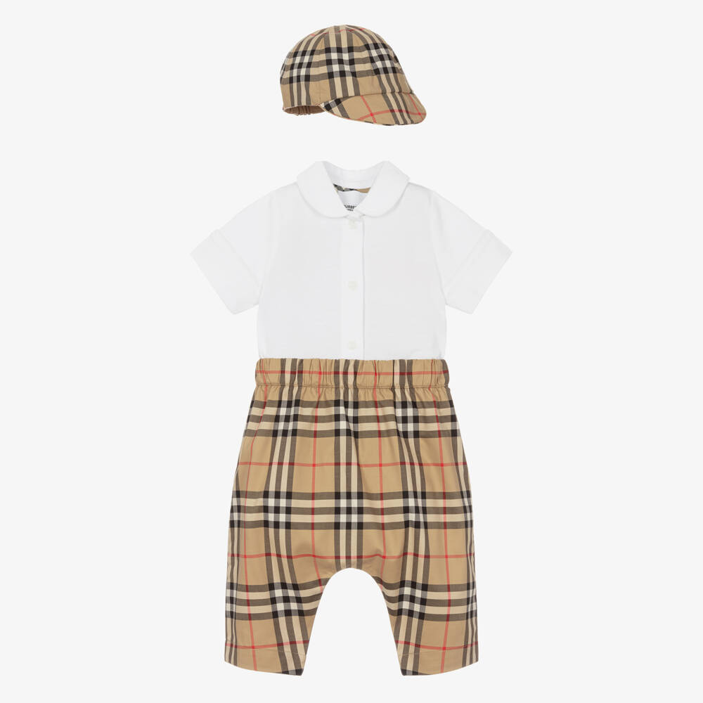 Burberry-Boys Beige Plaid Cotton Outfit | Childrensalon Outlet