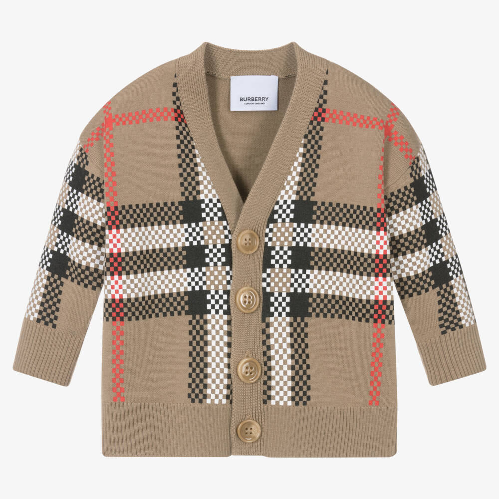 Burberry-Boys Beige Wool Checkered Cardigan | Childrensalon Outlet