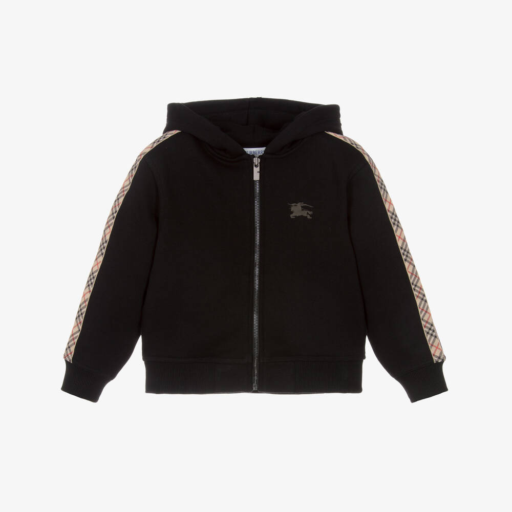 Burberry-Boys Black Cotton EKD Logo Zip-Up Hoodie with Check Trim | Childrensalon Outlet