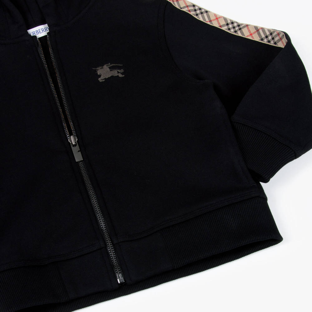 Burberry-Boys Black Cotton EKD Logo Zip-Up Hoodie with Check Trim | Childrensalon Outlet