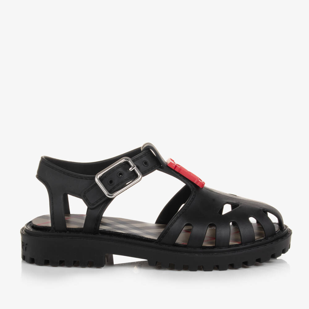 Burberry-صنادل جلي سوداء بشعار للأولاد | Childrensalon Outlet