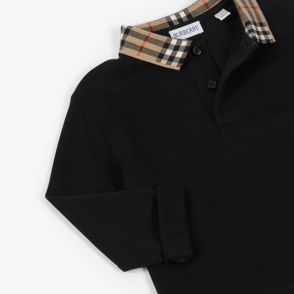 Burberry-Boys Black Polo Shirt with Burberry Check Collar | Childrensalon Outlet