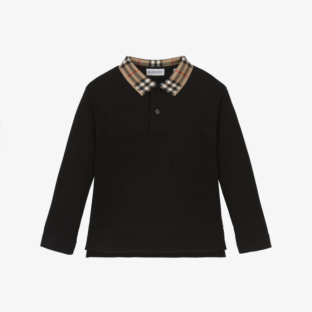 Burberry-Boys Black Polo Shirt with Burberry Check Collar | Childrensalon Outlet