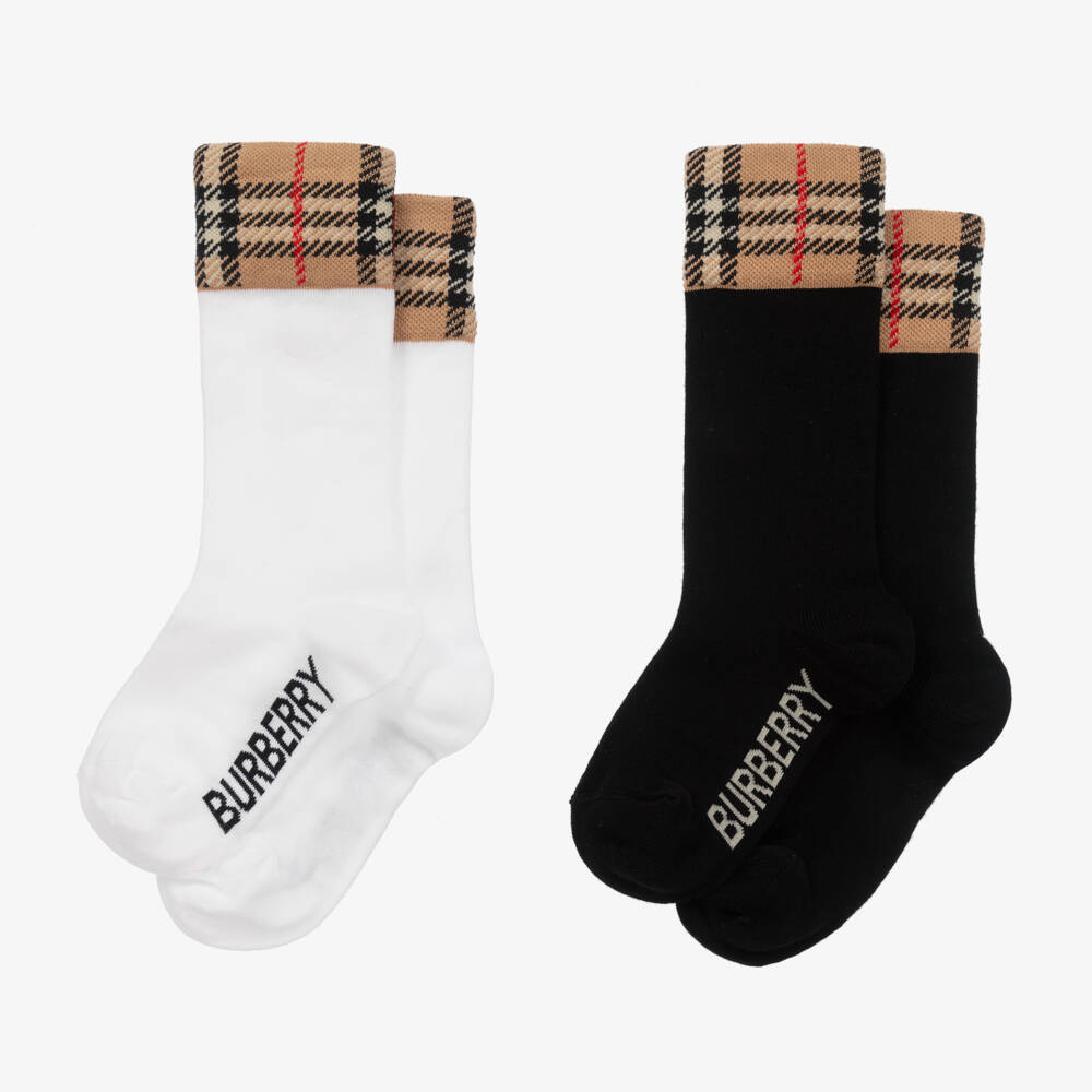 Burberry-Boys Black & White Check Socks Duo | Childrensalon Outlet