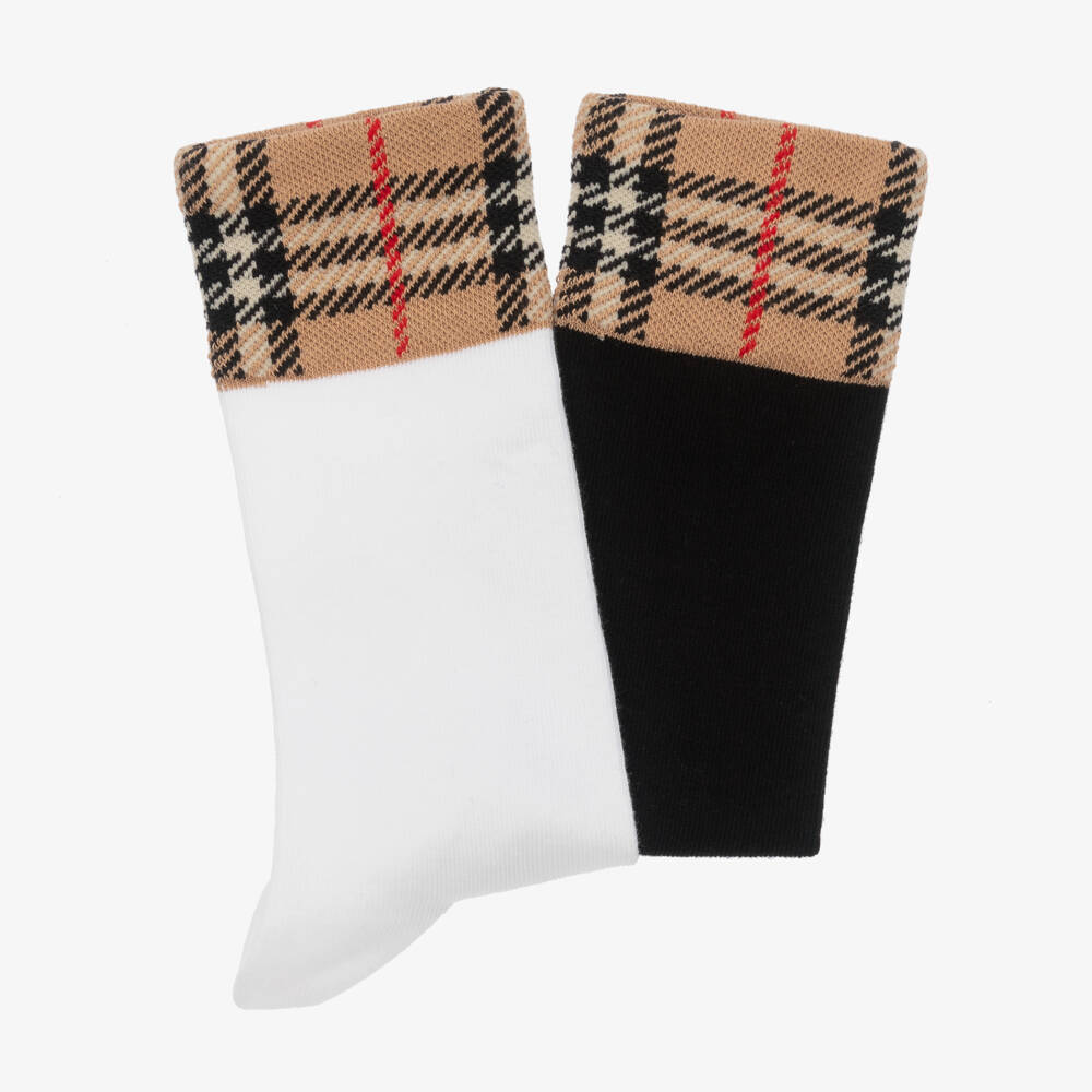 Burberry-Boys Black & White Check Socks Duo | Childrensalon Outlet